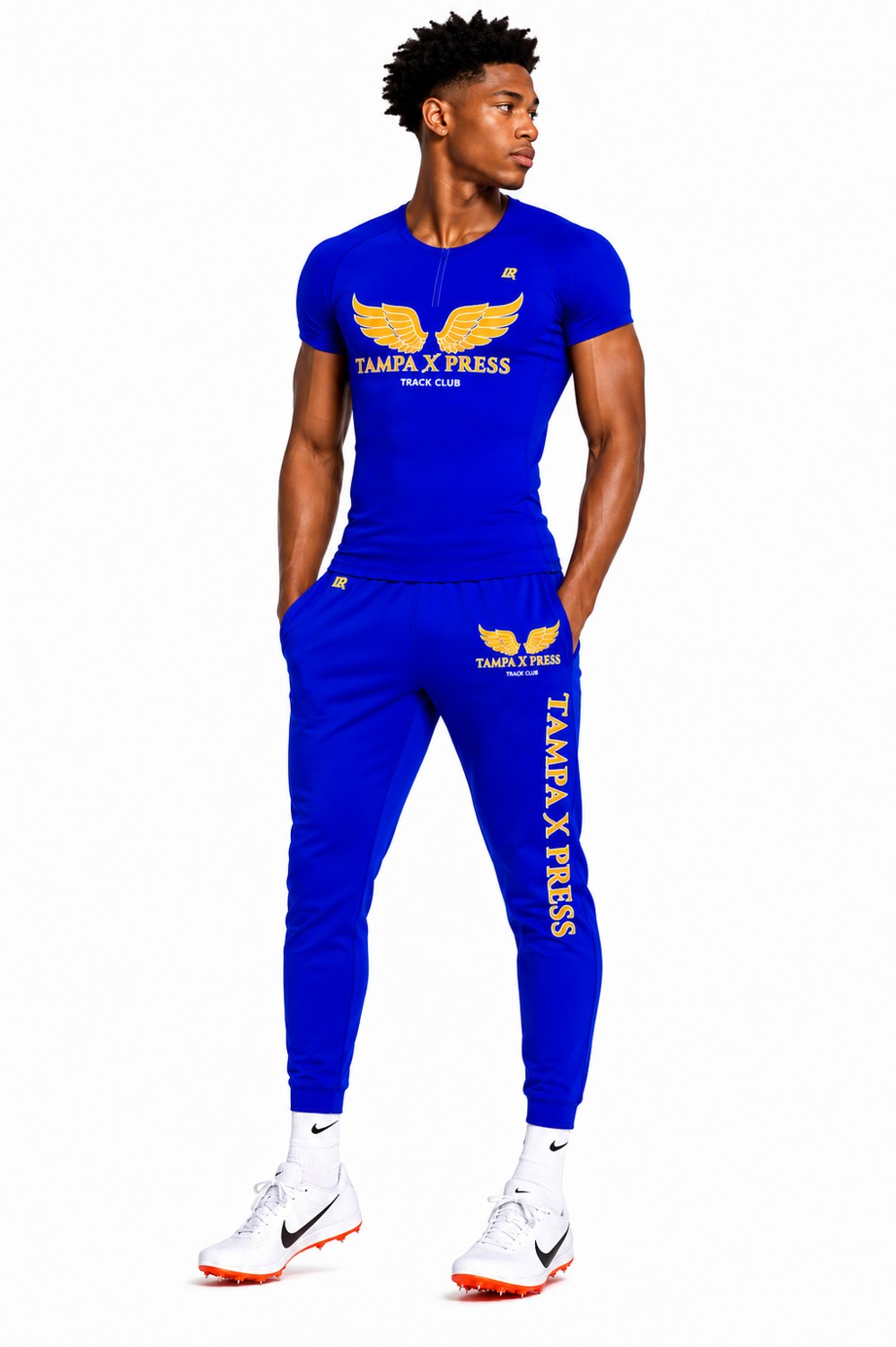 Blue Tampa Xpress team shirt and track pants